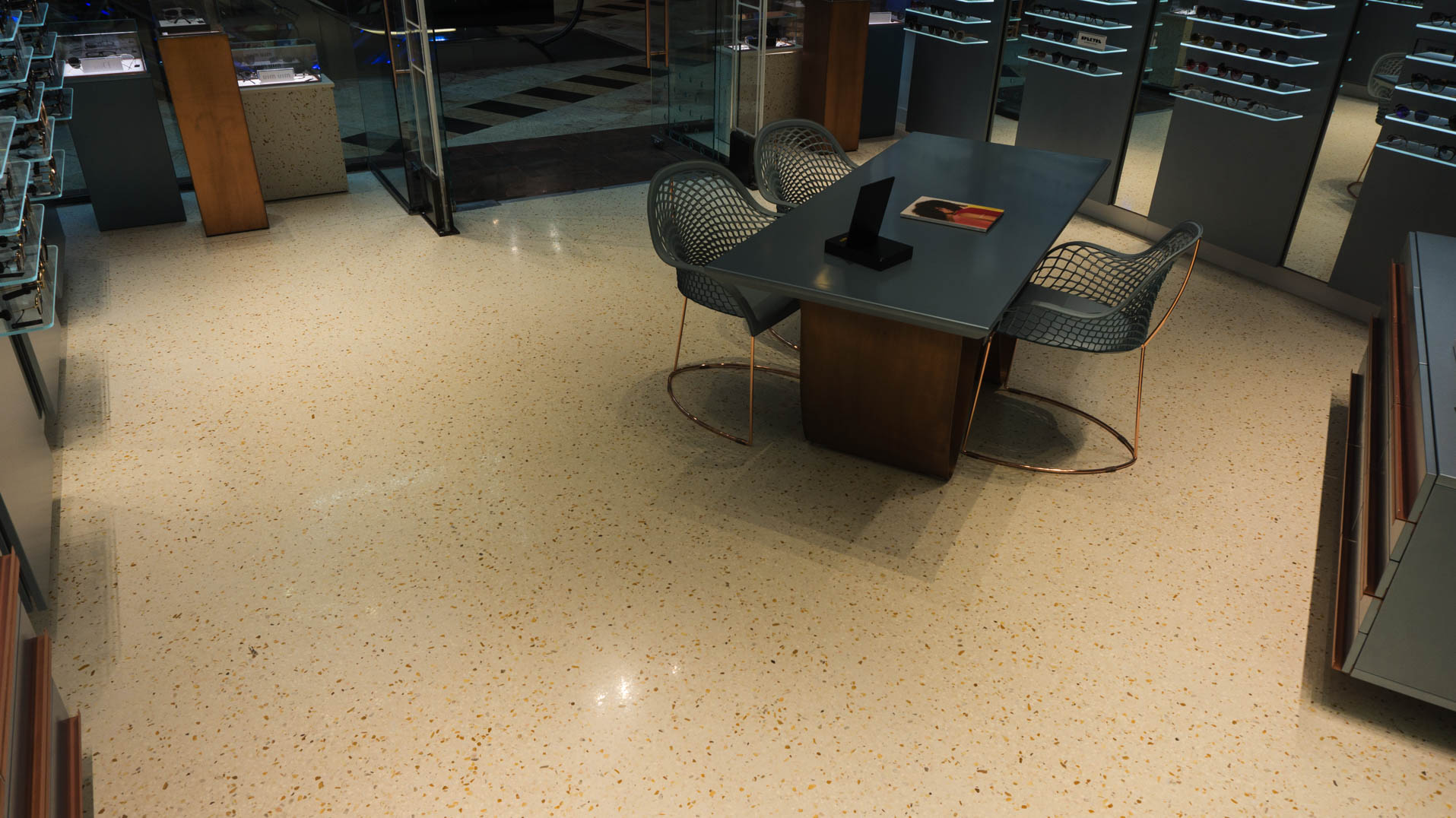 modern optical shop design with terrazzo